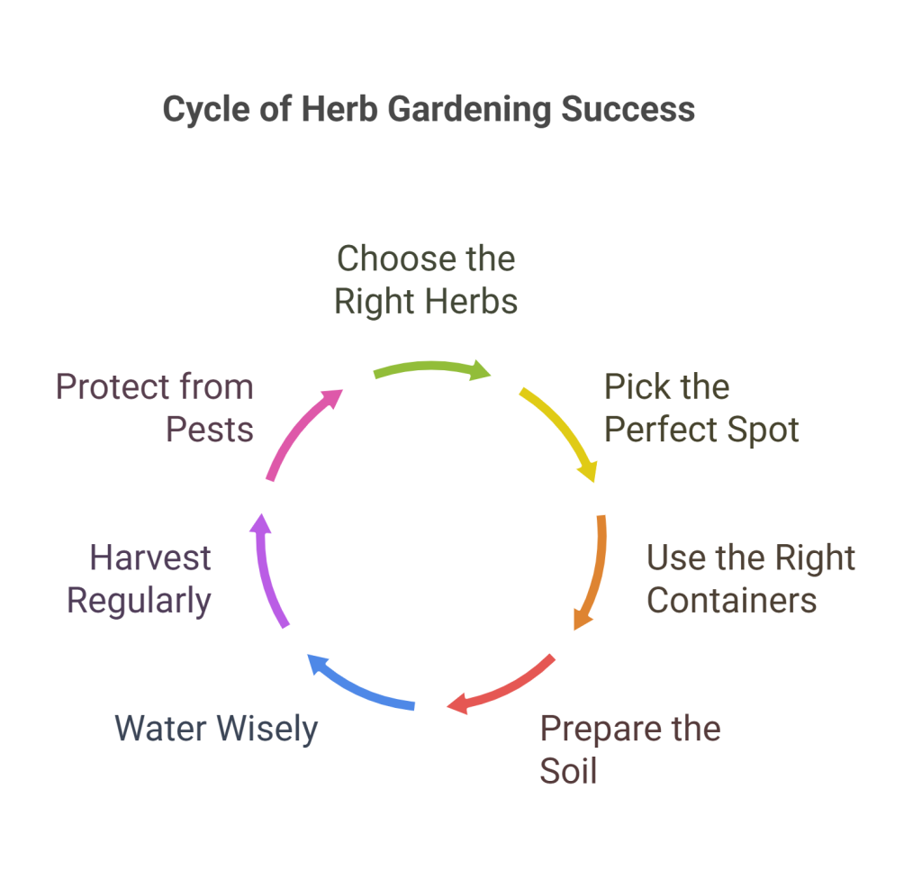 Infographic showing the cycle of herb gardening success, including steps like choosing the right herbs, picking the perfect spot, using the right containers, watering wisely, protecting from pests, and harvesting regularly.